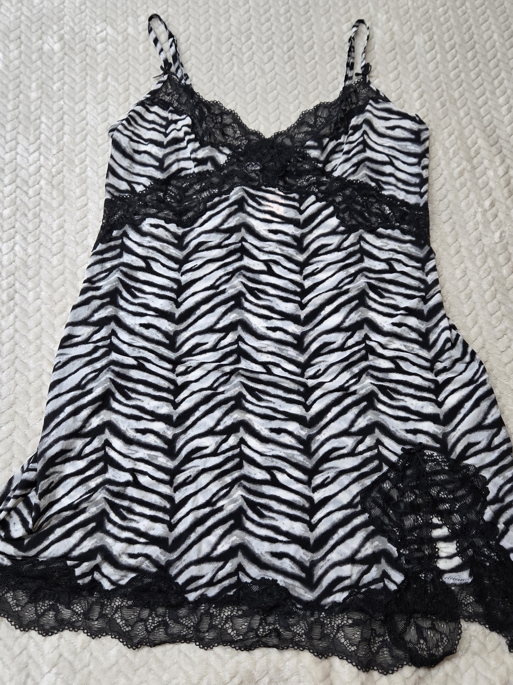 Vtg Y2k Victoria's Secret M Zebra Print Satin Lace Trim Babydoll Mini Slip Dress